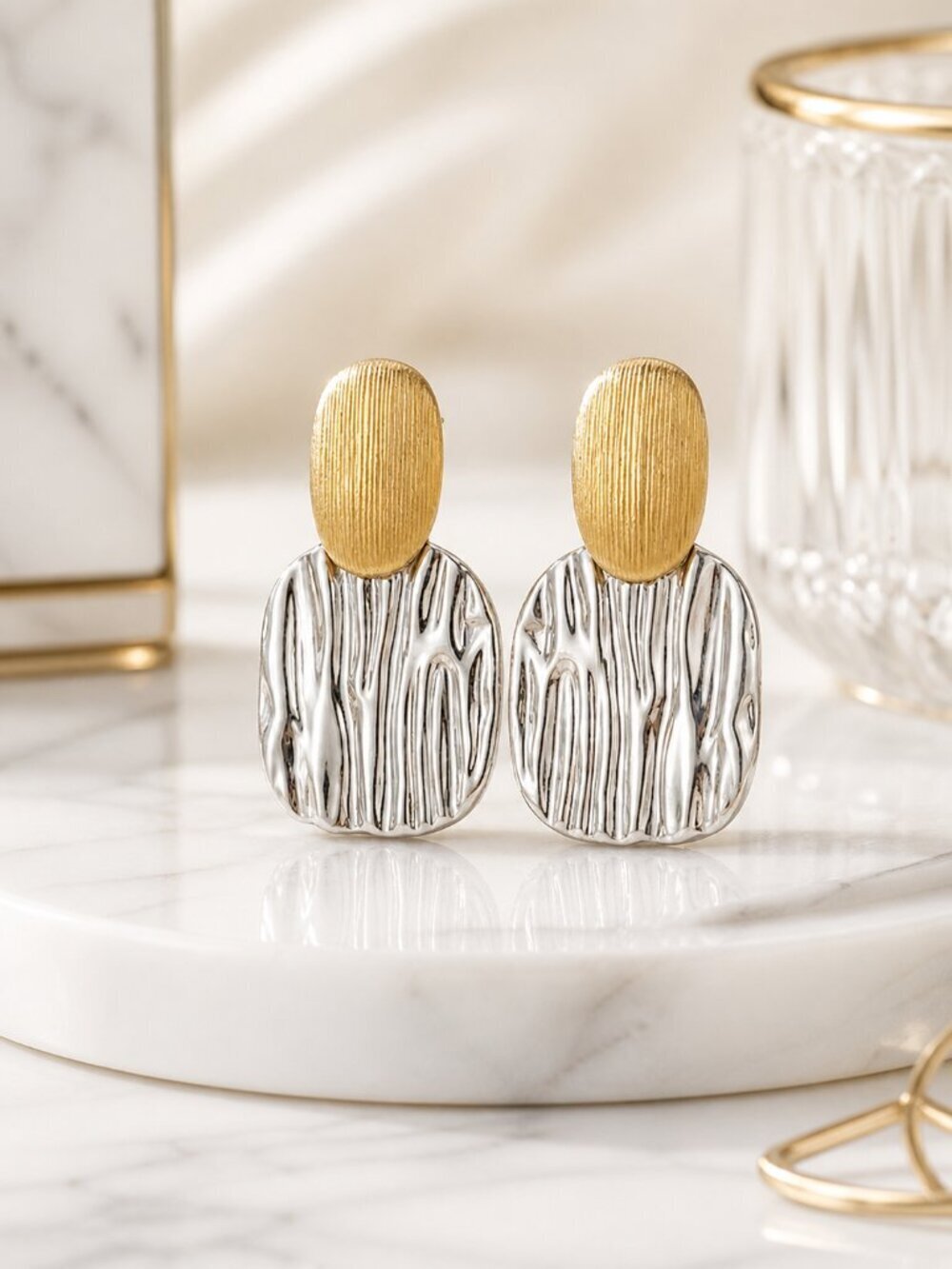 18K Gold Plated SS Old Money Two Tone Mixed Metal Drop Statement Earrings 2" - Picture 6 of 16